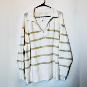 Aerie Beige and White Striped V-Neck Sweater